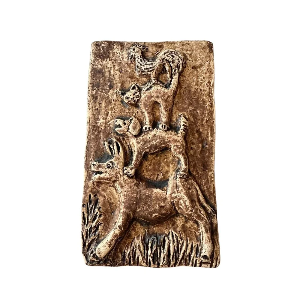 Vintage Pott Luck Ceramic Wall Plaque Town Musicians of Bremen Mid-Century